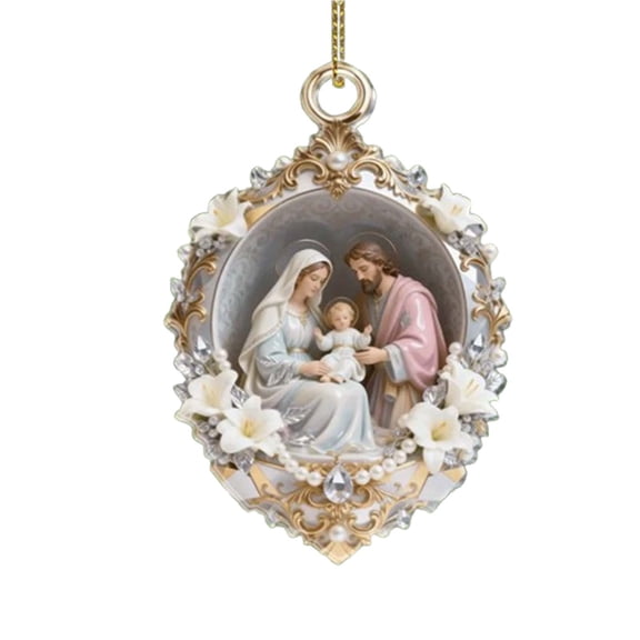 Religious Christmas Ornament Holy Family Nativity Hanging Decor, Vintage Floral Frame Pearl Accents Sacred Family Christmas Tree Decoration