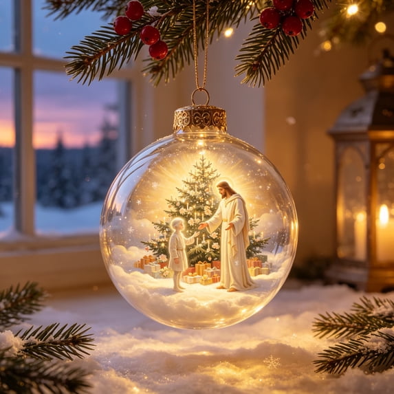 Glowing Religious Christmas Ornament Lighted Clear Diorama Bauble with Jesus Scene Spiritual Holiday Hanging Decor for Christian Tree Mantel Gift (3.94 In)