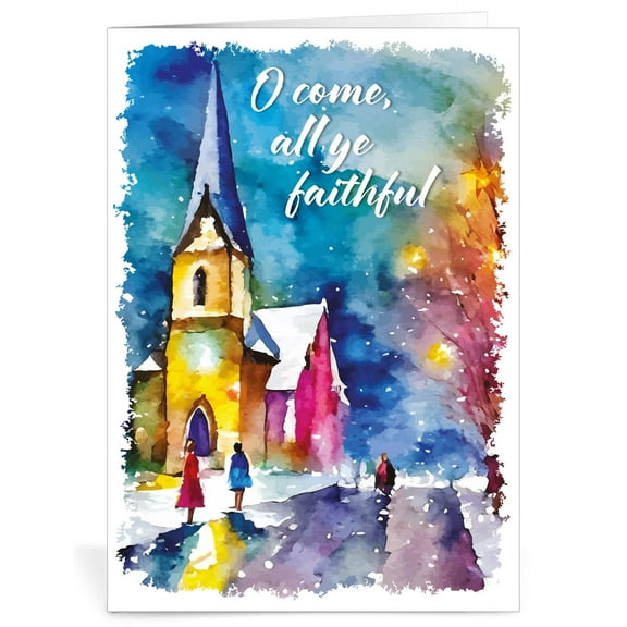 Religious Christmas Cards - All Ye Faithful, pack of 20, 5x7in, Printed in England, with Envelopes and Bible verse inside, by Just Cards Direct