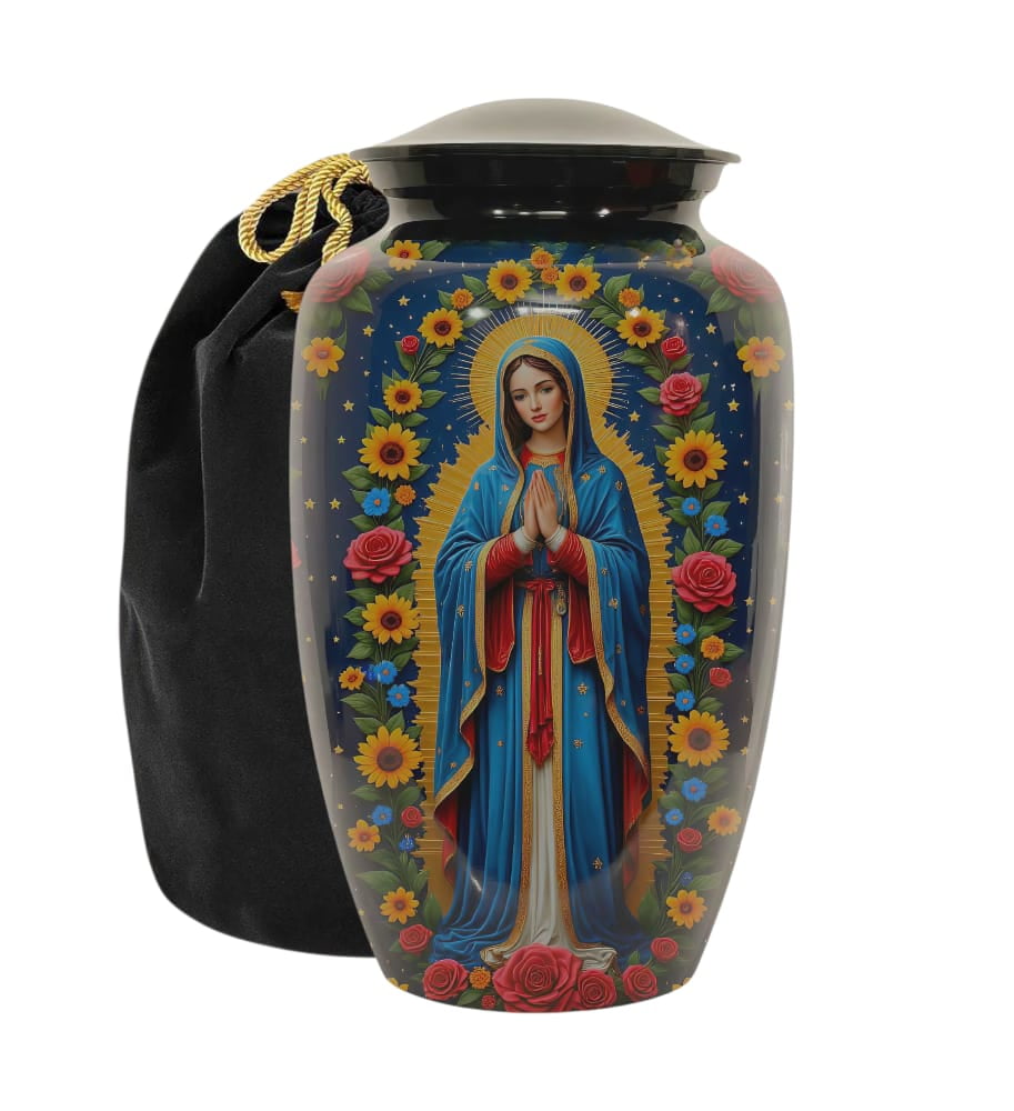 Religious Cremation Urn For Human Ashes with Floral Design - Adult Sized Urn For Ashes - 200 Cubic Inches Capacity - Velvet Bag Included