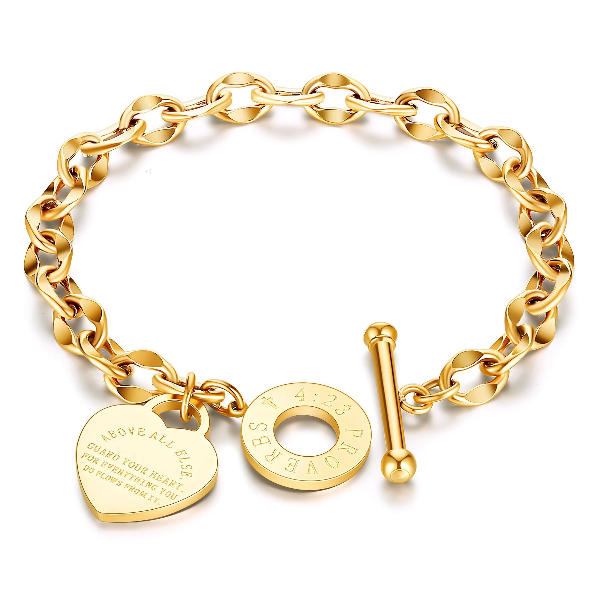Toggle Clasp Link Bracelet for Women Heart Charm Stainless Steel 7" Fits 6" Wrist Ginger Lyne