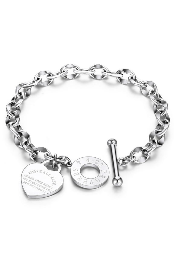 Toggle Clasp Link Bracelet for Women Heart Charm Stainless Steel 7" Fits 6" Wrist Ginger Lyne