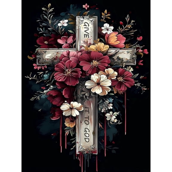 Religious Cross Diamond Art Kits for Adults,Flower Cross 5D Diamond Painting Kits for Beginners,DIY Round Full Drill Painting with Gem Art Craft Kits for Home Wall Decor 12x16inch