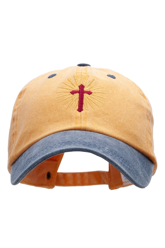Religious Cross Embroidered Cotton Wash Cap - Mustard Navy OSFM
