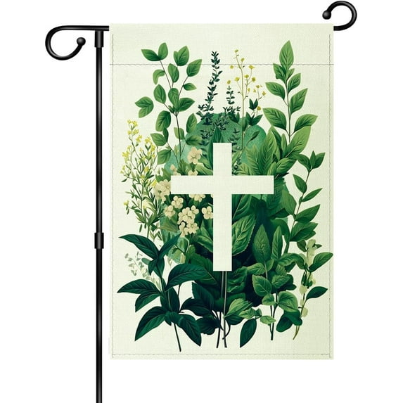 Religious Cross Garden Flag 12x18 Inch Double Sided Outside, Green Plant with Cross Porch Yard Patio Outdoor Decoration