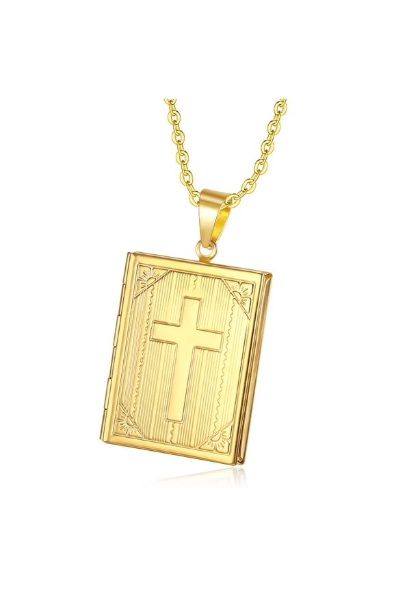 Religious Cross Locket Necklace Pendant 14K Yellow Gold Photo Frame Memory Necklace For Women/Men Christmas Gift