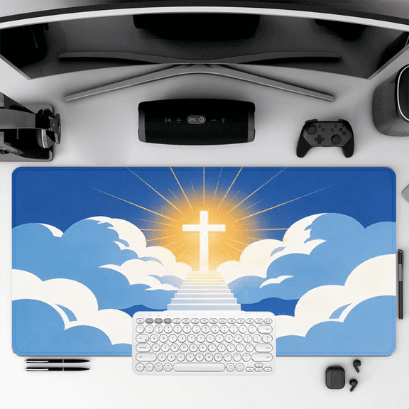 Religious Cross Pathway Mouse Pad 35.4 x 15.8 Inches Rubber Desk Mat with Clouds and Light Design for Office or Home Use