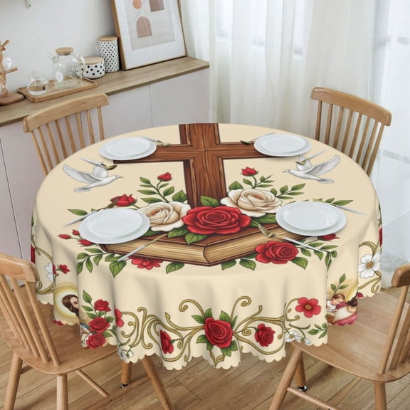 Religious Cross With Roses And Round Tablecloth Waterproof Table Cloth Stain and Wrinkle Resistant Washable, Decorative Fabric Table Cover for Dining, Party and Camping