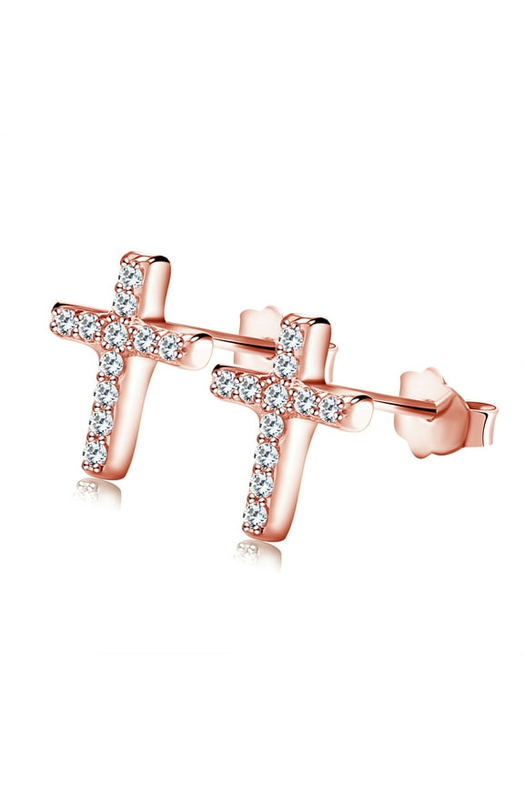 Religious Cross Stud Earrings for Women Rose Gold Plated Cz Ginger Lyne Collection