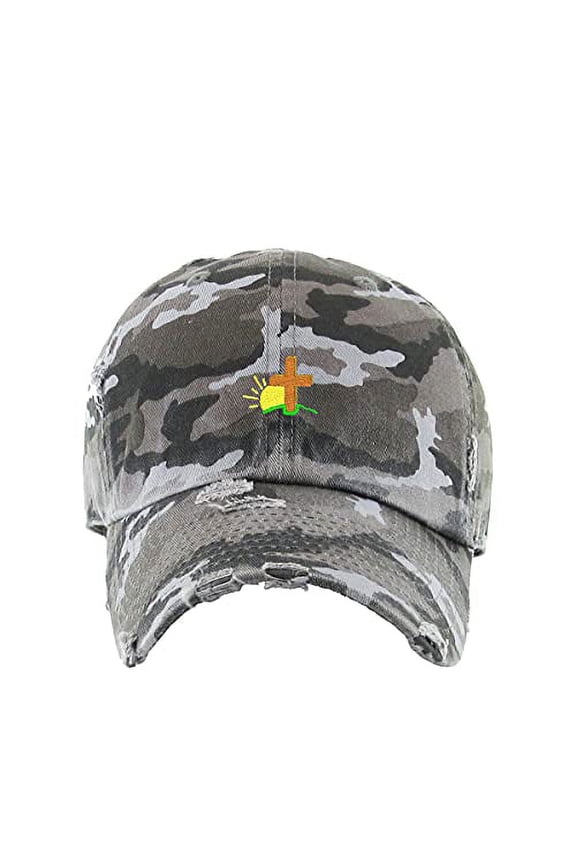 Religious Cross with Sunshine Vintage Baseball Cap Embroidered Cotton Adjustable Distressed Dad Hat Gray Camo