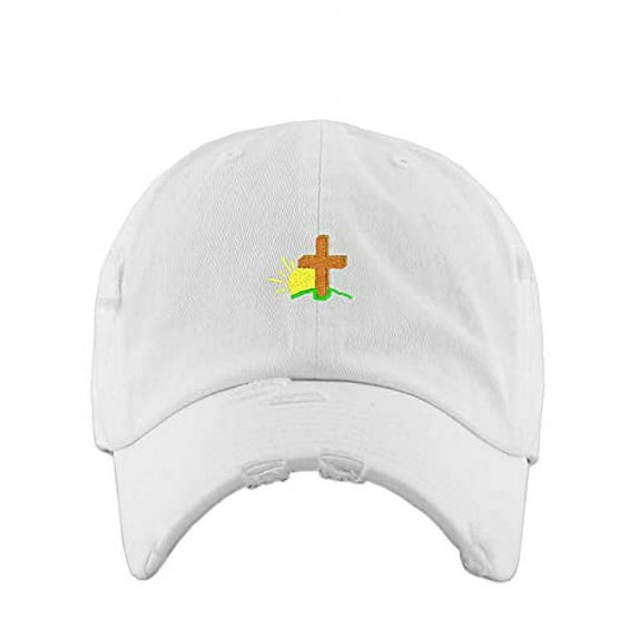 Religious Cross with Sunshine Vintage Baseball Cap Embroidered Cotton Adjustable Distressed Dad Hat White