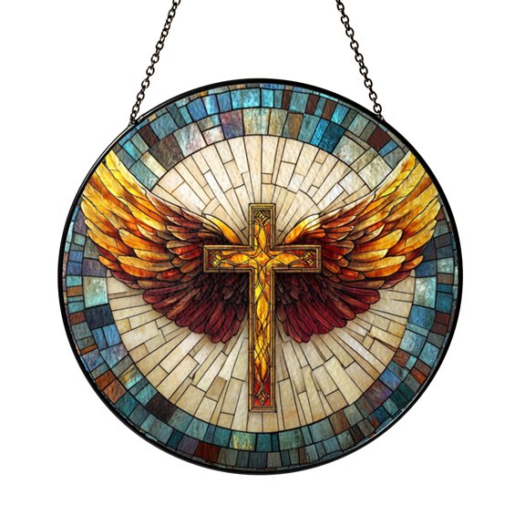 Religious Cross with Wings Glass Ornament Window Decor, Inspirational Christian Home Decoration