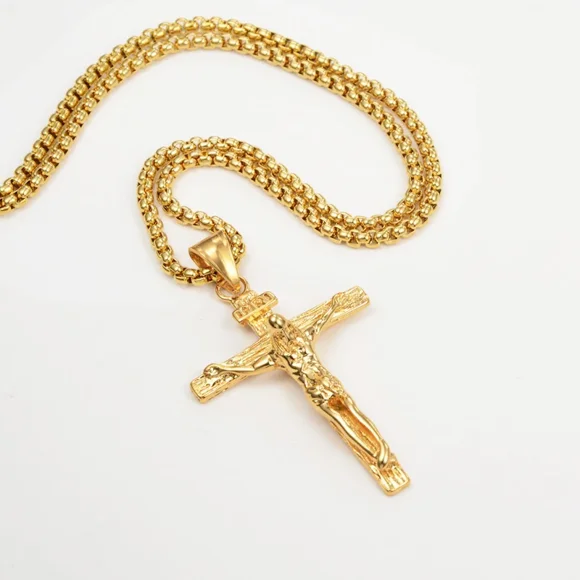 Religious Crucifix Jesus Cross Pendant Necklace Golden Color 14K Yellow Gold Neck Chain For Men Christian Catholic Jewelry