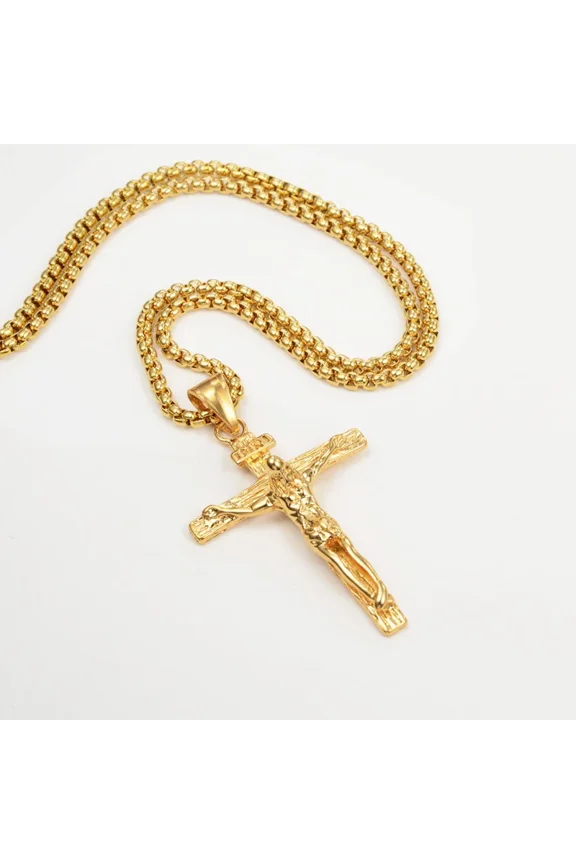 Religious Crucifix Jesus Cross Pendant Necklace Golden Color 14K Yellow Gold Neck Chain For Men Christian Catholic Jewelry
