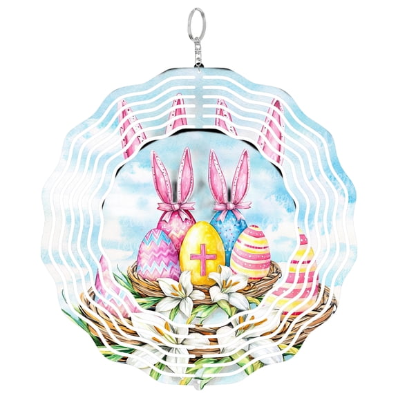 Religious Easter Bunny Cross 3D Wind Spinner Kinetic Art Hanging Christian Outdoor Decor