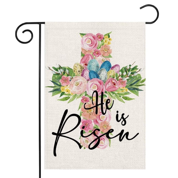 Religious Easter Burlap Garden Flag 12.5 x 18 Double Sided He is Risen Cross Eggs Flowers Spring Farmhouse Decor