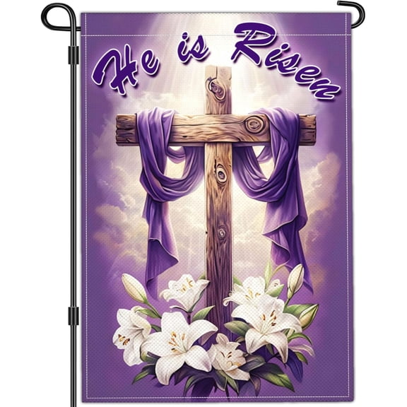 Religious Easter Cross Garden Flag, He Is Risen Double Sided 12x18 Spring Yard Sign for Outdoor House Holiday Decor