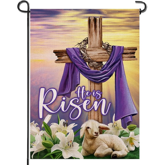 Religious Easter Garden Flag, He Is Risen Cross Lamb Lily Design, Small Double Sided Burlap Outdoor Yard Decor, 12 x 18