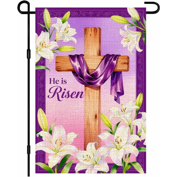Religious Easter Garden Flag He Is Risen Double Sided Burlap Yard Flag With Cross And Lilies 12 x 18 Inch Purple Decorative Outdoor Flag