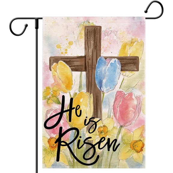 Religious Easter Garden Flag for Outside, He Is Risen, Double Sided Burlap Yard Flag, Rustic Spring Wood Cross, 12 x 18