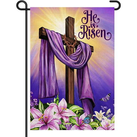 Religious Easter He Is Risen Flag 12x18 Double Sided Small Garden Banner Christian Cross Lily for Lawn Yard Decor