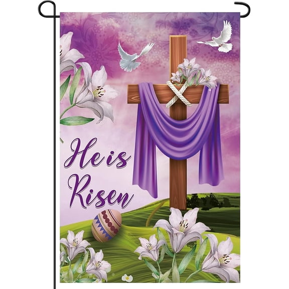 Religious Easter He is Risen Garden Flag 12x18 Double Sided, Vertical Purple Lilies Cross Resurrection Outdoor Decor for Home & Church