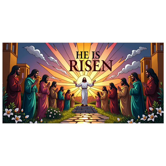 Religious Easter Themed Backdrop Banner with He is Risen Text Flying Doves and Cross Background for Church Celebrations Easter Parties Religious Gatherings Worship Events Decorations