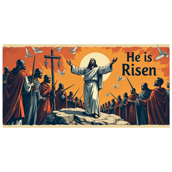 Religious Easter Themed Backdrop Banner with He is Risen Text Flying Doves and Cross Background for Church Celebrations Easter Parties Religious Gatherings Worship Events Decorations