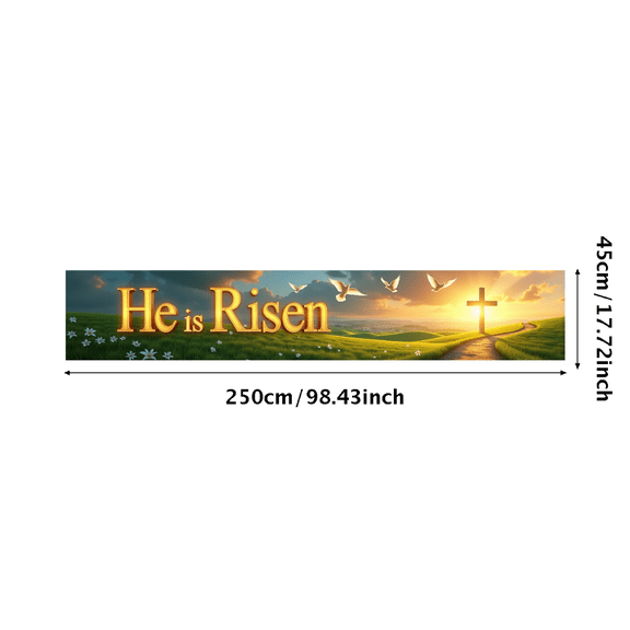 Religious Easter Themed Backdrop Banner with He is Risen Text Flying Doves and Cross Background for Church Celebrations Easter Parties Religious Gatherings Worship Events Decorations