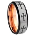 thumbnail image 1 of Religious Faith Cross 8MM Beveled Edge Gray And Rose Gold Tungsten Ring, 1 of 2