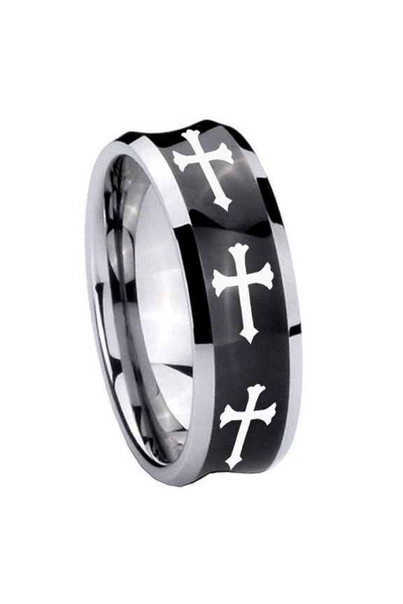Religious Faith Cross Concave Black Tungsten Men Ring 10MM