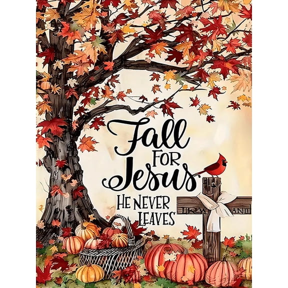 Religious Fall Diamond Art Painting, Autumn Maple Tree with Cross Red Bird Pumpkins Pattern, Full Drill Handmade Embroidery Home Decoration Gift