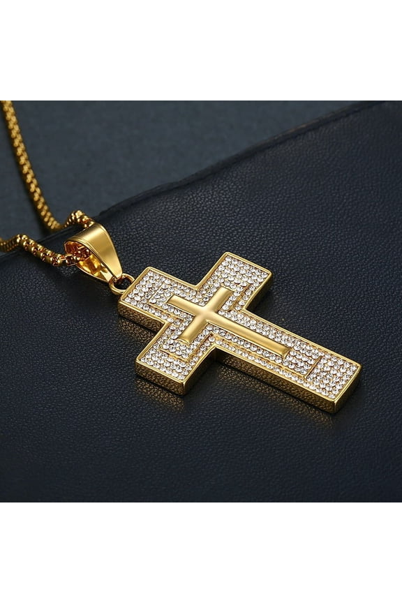 Religious Fashion Iced Out Bling Jesus Cross Pendant Male 14K Yellow Gold Christian Big Necklace For Men Jewelry Gift