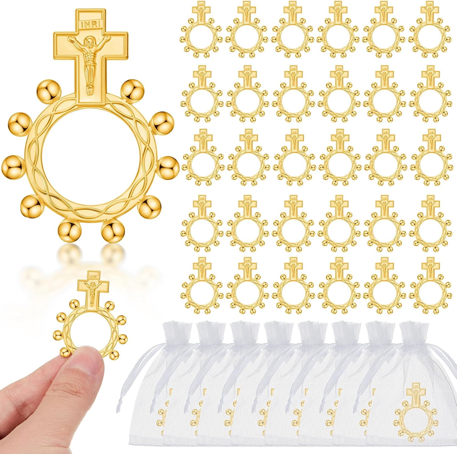 Religious Finger Rosary Rings Bulk for First Communion Favors Small Pocket Cross Prayer Catholic Rings with Organza Bags for Guests Baptism Favors Easter Christening Church