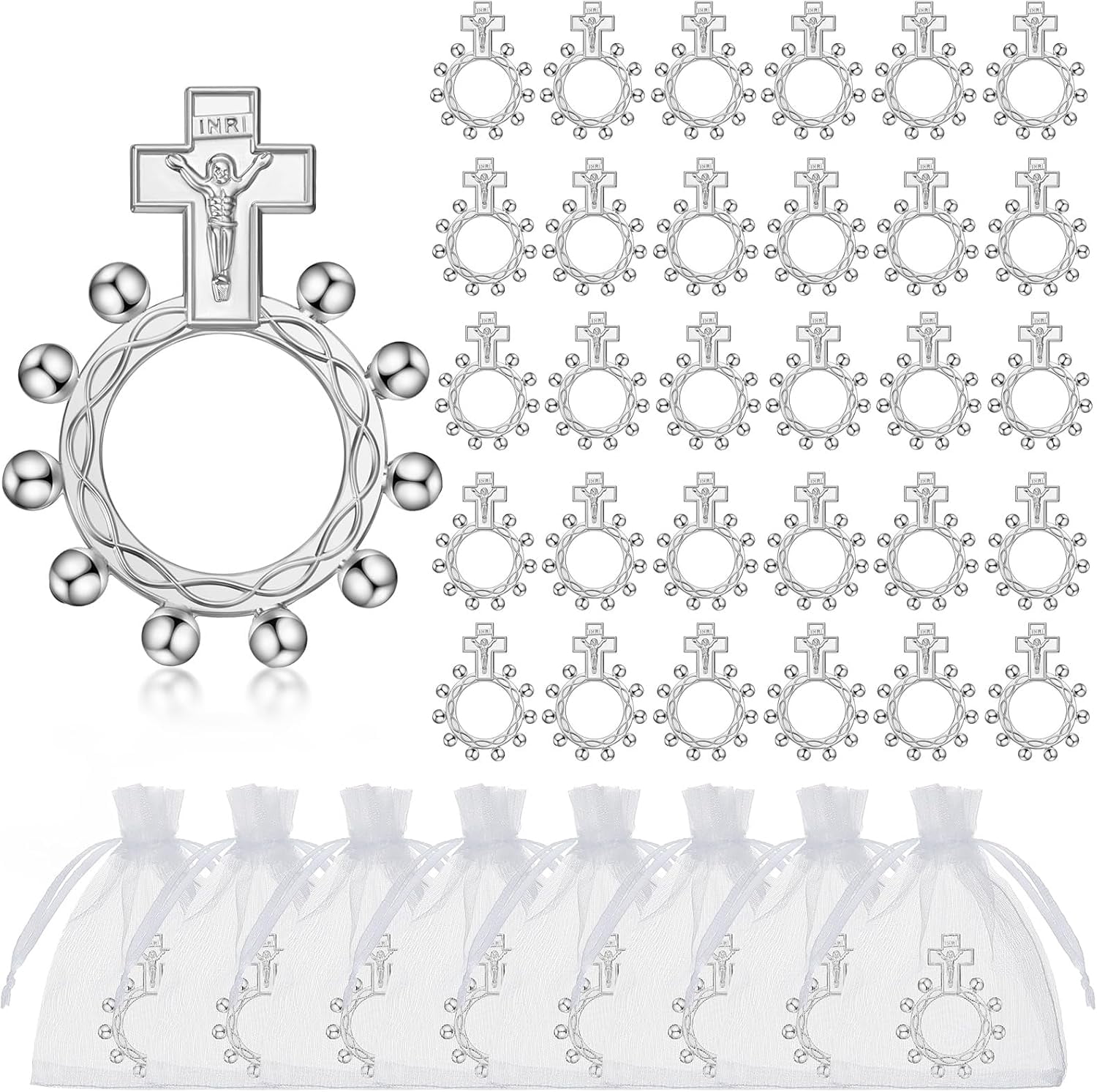 Religious Finger Rosary Rings Bulk for First Communion Favors Small Pocket Cross Prayer Catholic Rings with Organza Bags for Guests Baptism Favors Easter Christening Church