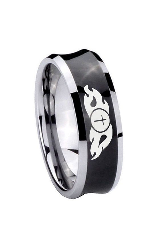 Religious Flame Cross Concave Black Tungsten Men Ring 10MM