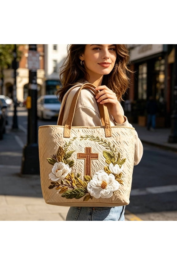 Religious Floral Print Tote Bag • Polyester Handbag Bible Tote • Spacious Inspirational Scripture Carrier • Devotional Worship Accessory Gift