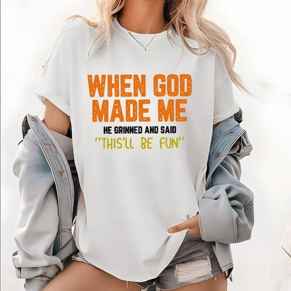 Men & Women Funny Christian Print T Shirts "When God Made Me He Grinned" Graphic Tees Humor Pattern Tops Daily Outfits,S-5XL