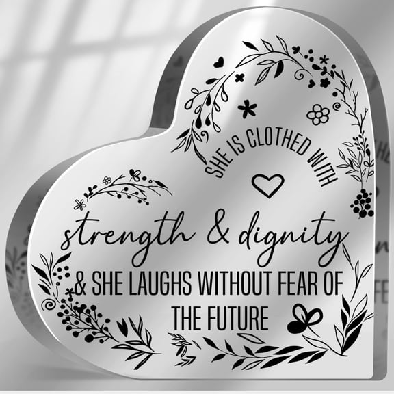 Religious Gifts for Women, Encouragement Presents for Sister Mom Friend, Christian Scripture Decor for Home Office Desk, She is Strength Dignity Sign Inspirational Acrylic Hearts Plaques