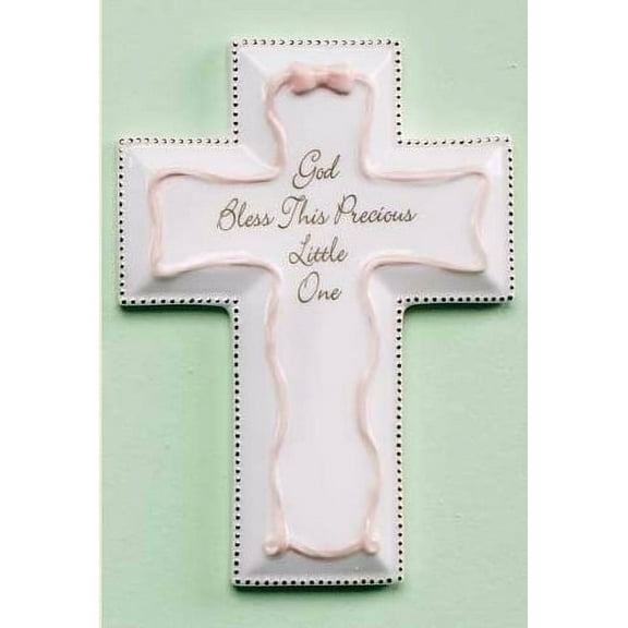 Religious God Bless Wall Cross. Porcelain Pink Ribbon 65879