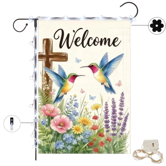 Religious Hummingbird Cross Garden Flag with LED Lights, UV Resistant Premium Polyester Yard Flag for Outdoor Lawn Patio Home Decor 12x18 Inch