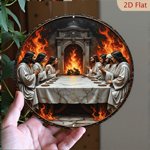 Religious Icon Wall Art, Surreal Eschatological Last Supper Print, 8x8 Inch Round Aluminum Metal Plate, Modern Apocalyptic Fire Decor for Living Room
