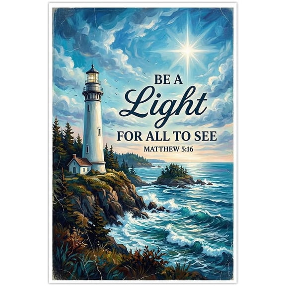 Religious Inspirational Canvas Wall Art Matthew 5_16 Lighthouse Ocean Seascape Be A Light Bible Verse Print for Living Room Bedroom Home Decor