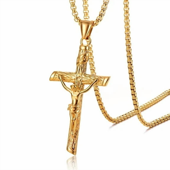 Religious Jesus Cross 14K Yellow Gold Necklace For Men Fashion Cross Pendent With Chain Necklace Jewelry Gift