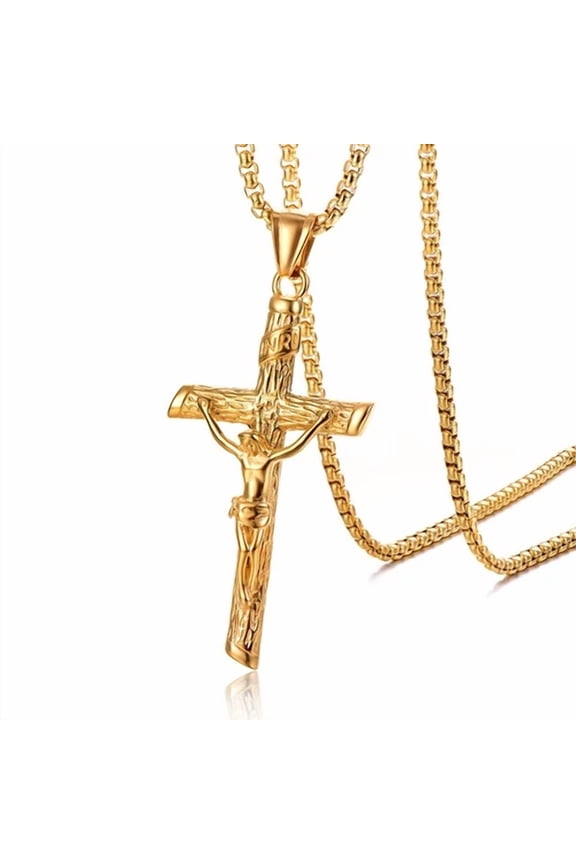 Religious Jesus Cross 14K Yellow Gold Necklace For Men Fashion Cross Pendent With Chain Necklace Jewelry Gift