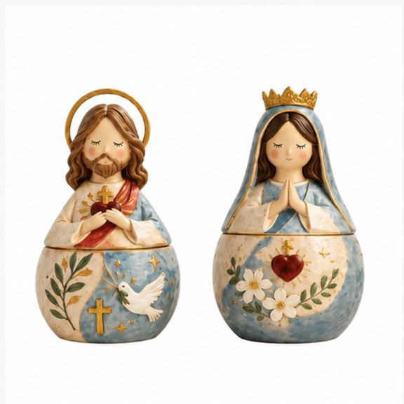 `Religious Keepsake Box, HandPainted Sacred Heart Jesus & Blessed Mary Decor, Christian Faith Gift`