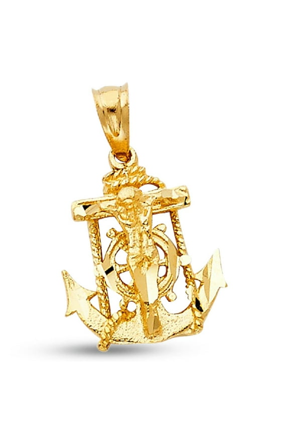 Religious Mariner Solid Mens Pendant 14k Yellow Gold Jesus Anchor Crucifix Cross Genuine Polished Charm 15 mm x 14 mm