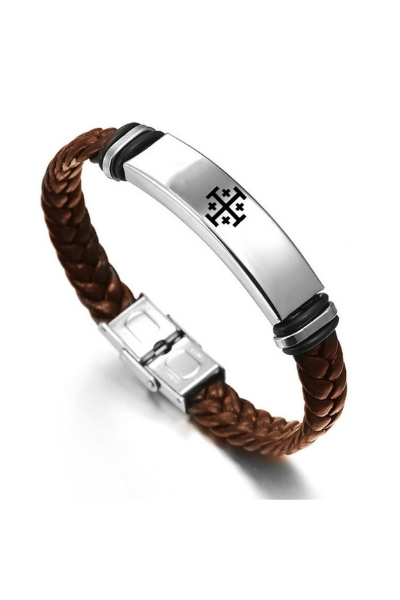 Religious Medieval Jewelry Braided Wrap Leather Jerusalem Crusaders Cross Bracelet for Men Women Greek Crossbars Faith Symbol Personalized Engraved Bangle for Church Christening, 8.26 Inch, Brown