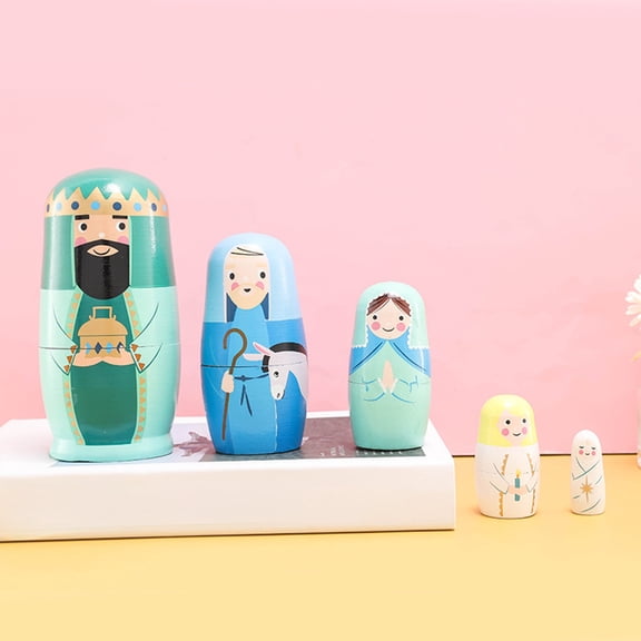 Religious Nesting Dolls Set, Five Layer Christian Russian Doll with Biblical Figures, Hand Painted Wooden Nativity Collectible, Christmas Home Decoration and Faith Inspired Gift Accent