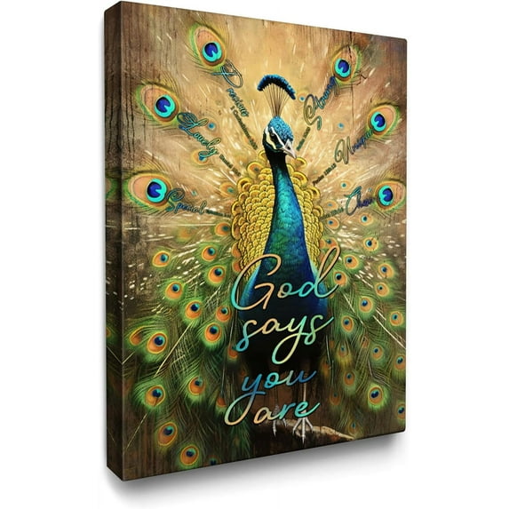 Religious Peacock Canvas Wall Art Christian Peacock Painting Wall Decor Framed God Says You Are Bible Verse Posters Home for Living Room Bedroom Bathroom Decoration 12x16 inch